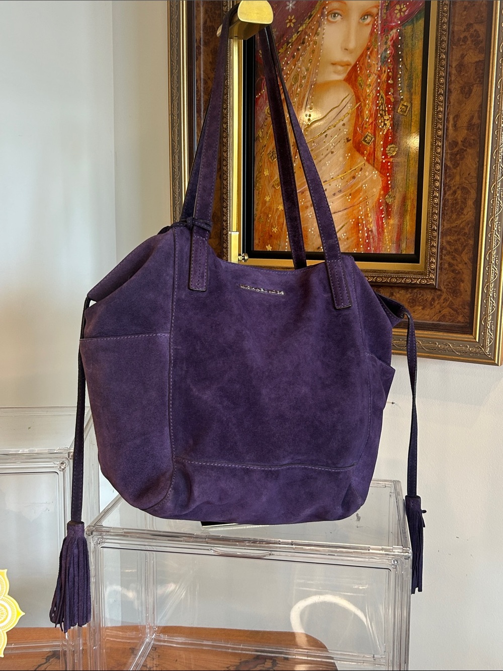Michael Kors Purple Suede Hobo Slouch Bag with Tassel Accents 16”x 7”x 11” EUC